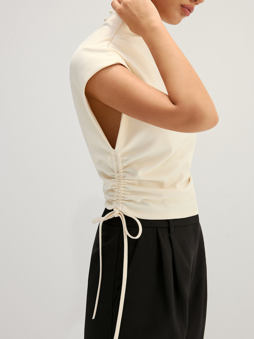 Draped Side Drawstring Cap Sleeve Top