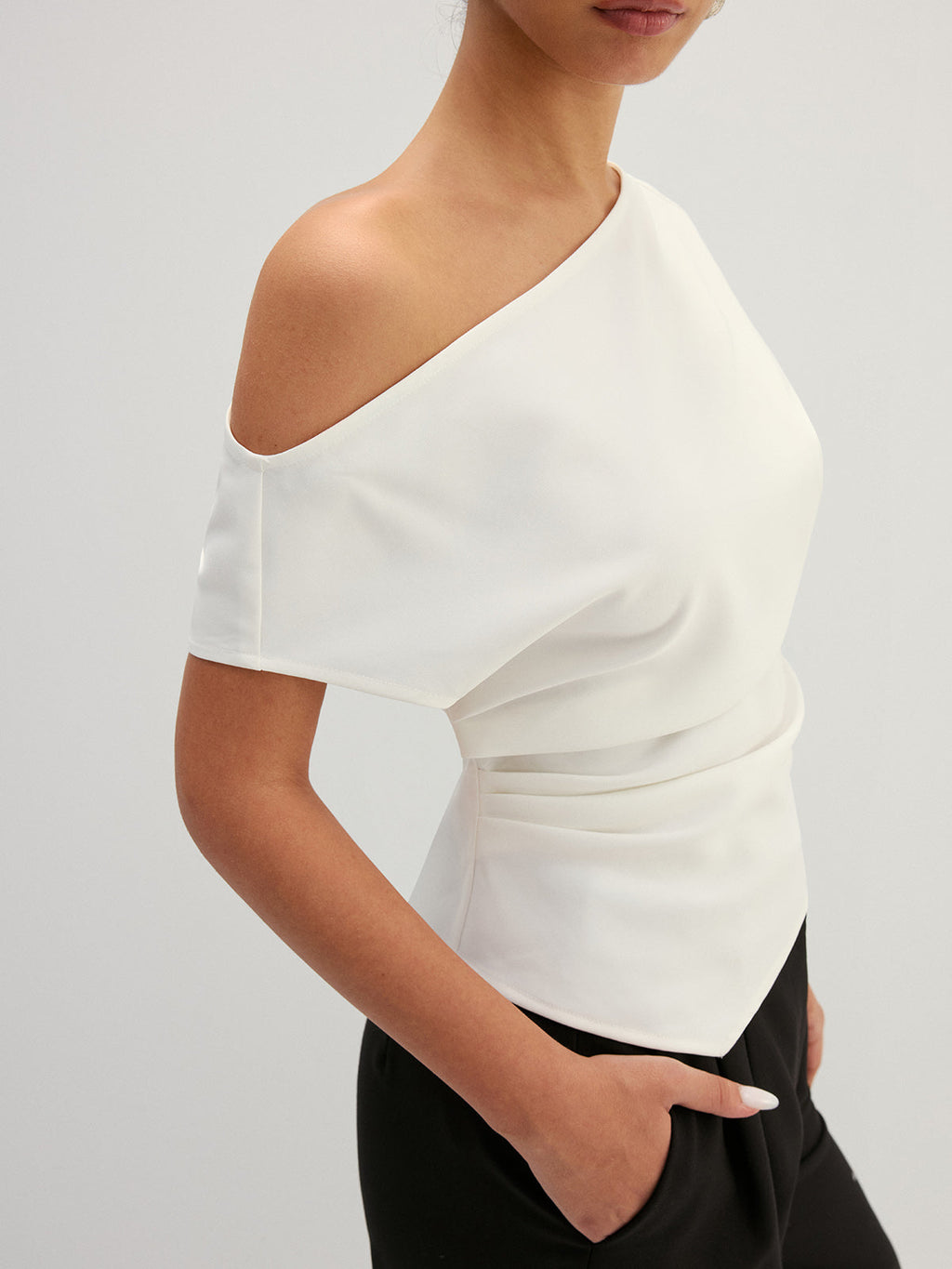 Asymmetric Off Shoulder Ruched Fitted Blouse