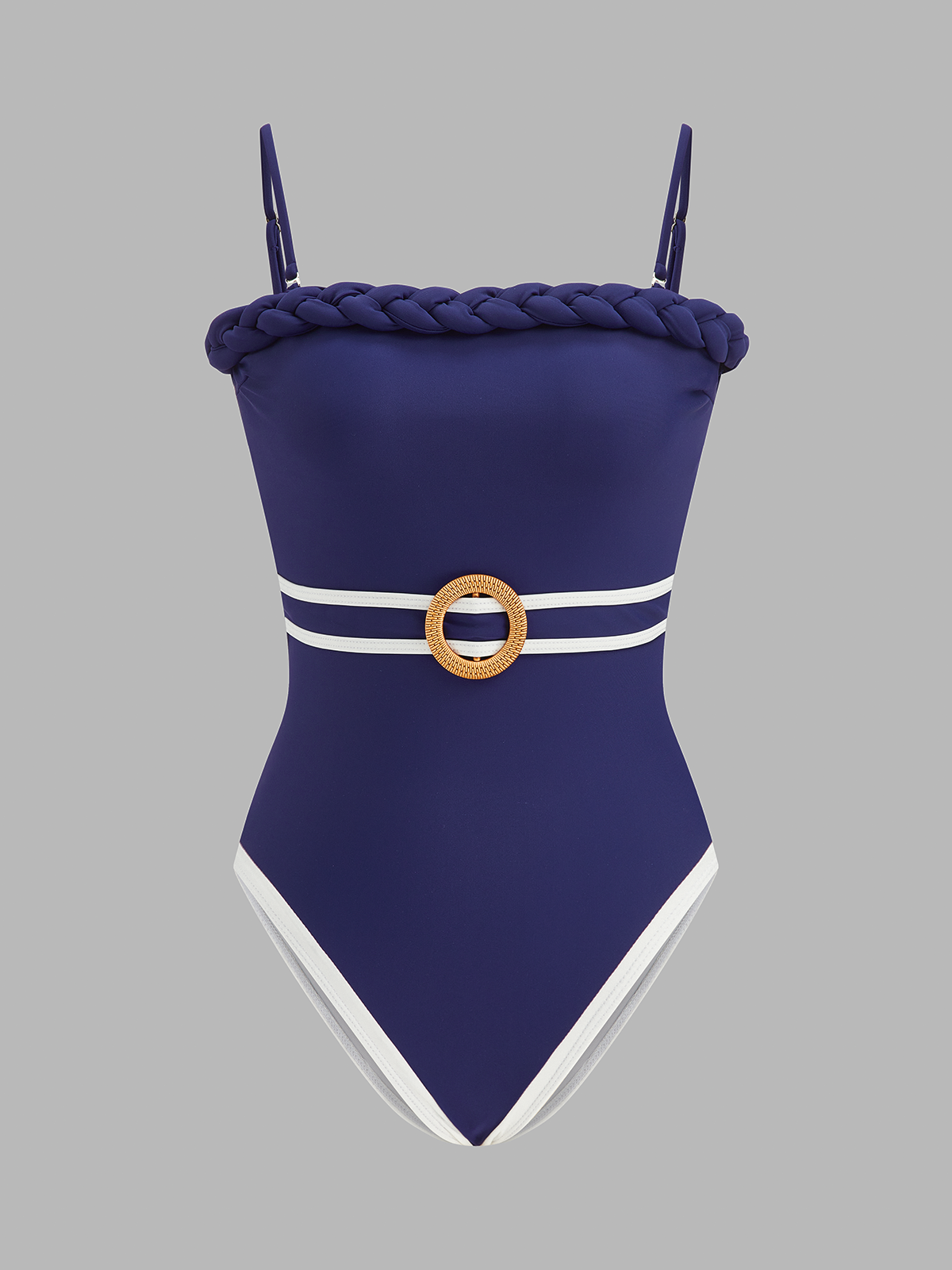 Braided Trim One Piece Swimsuit & Striped Sarong Set
