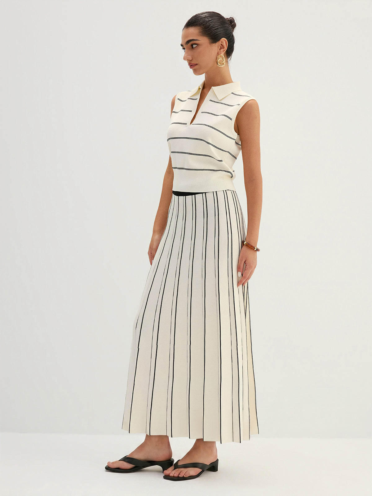 Striped Knit Pleated Maxi Skirt