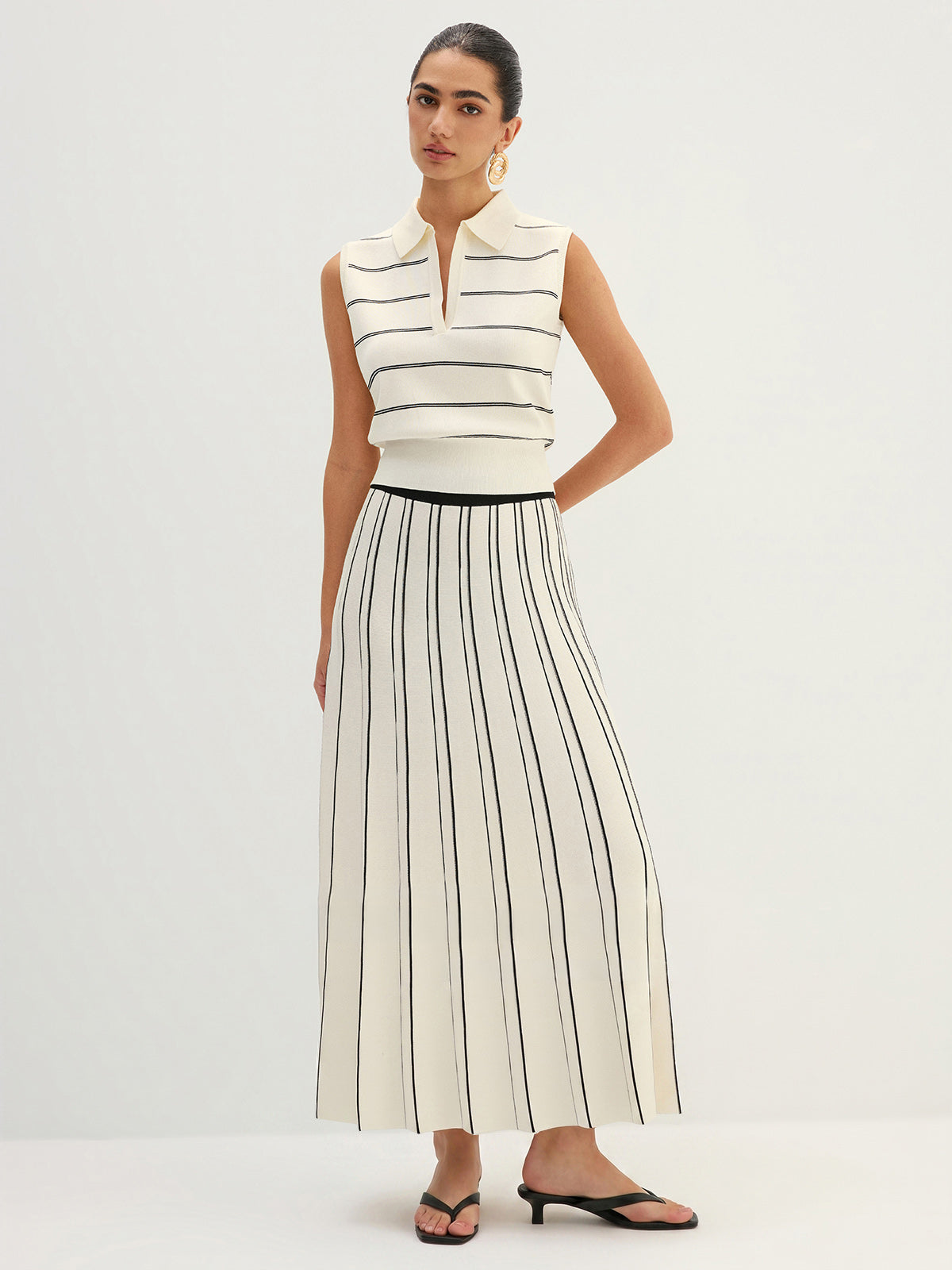 Striped Knit Pleated Maxi Skirt