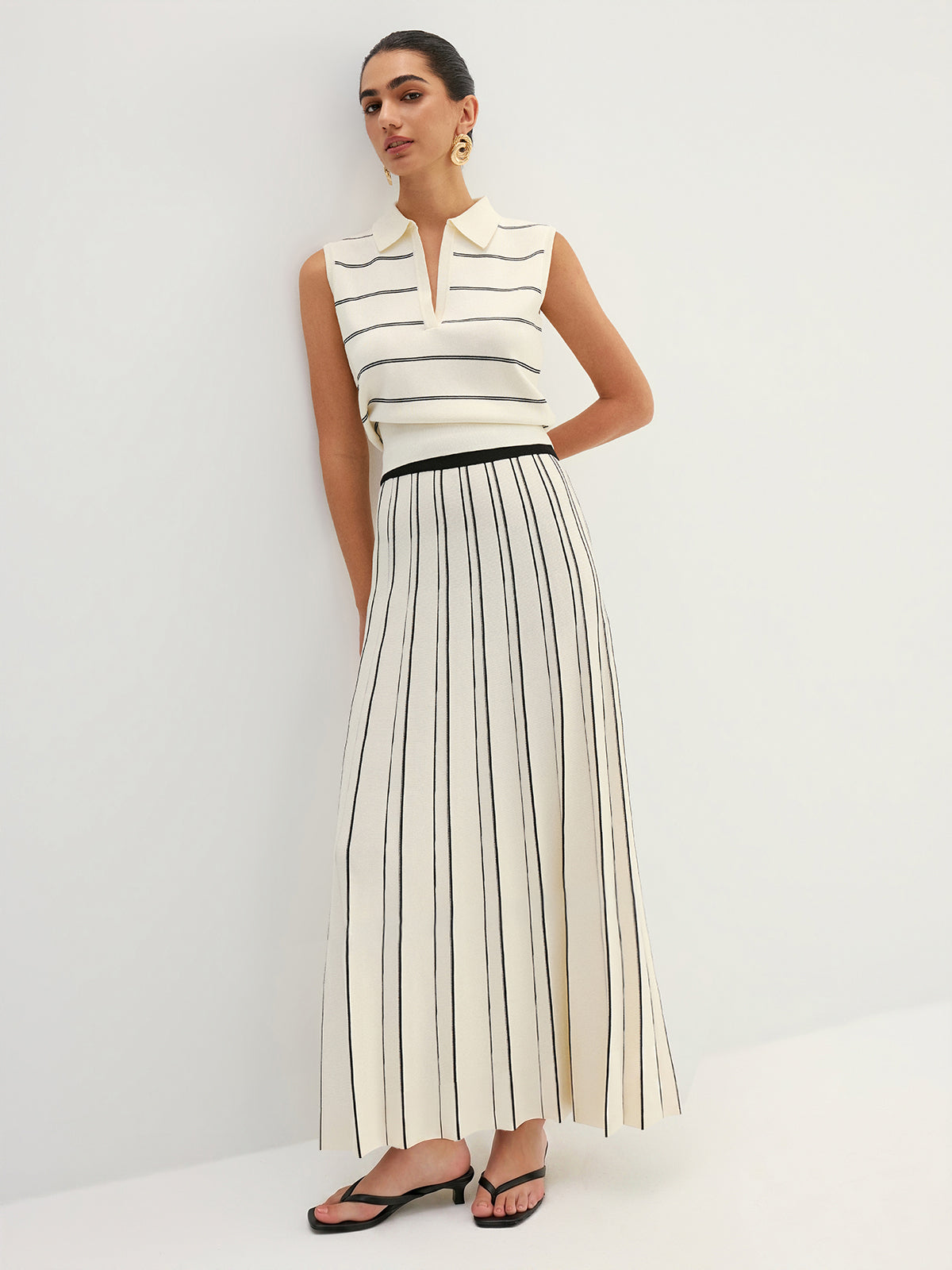 Striped Knit Pleated Maxi Skirt