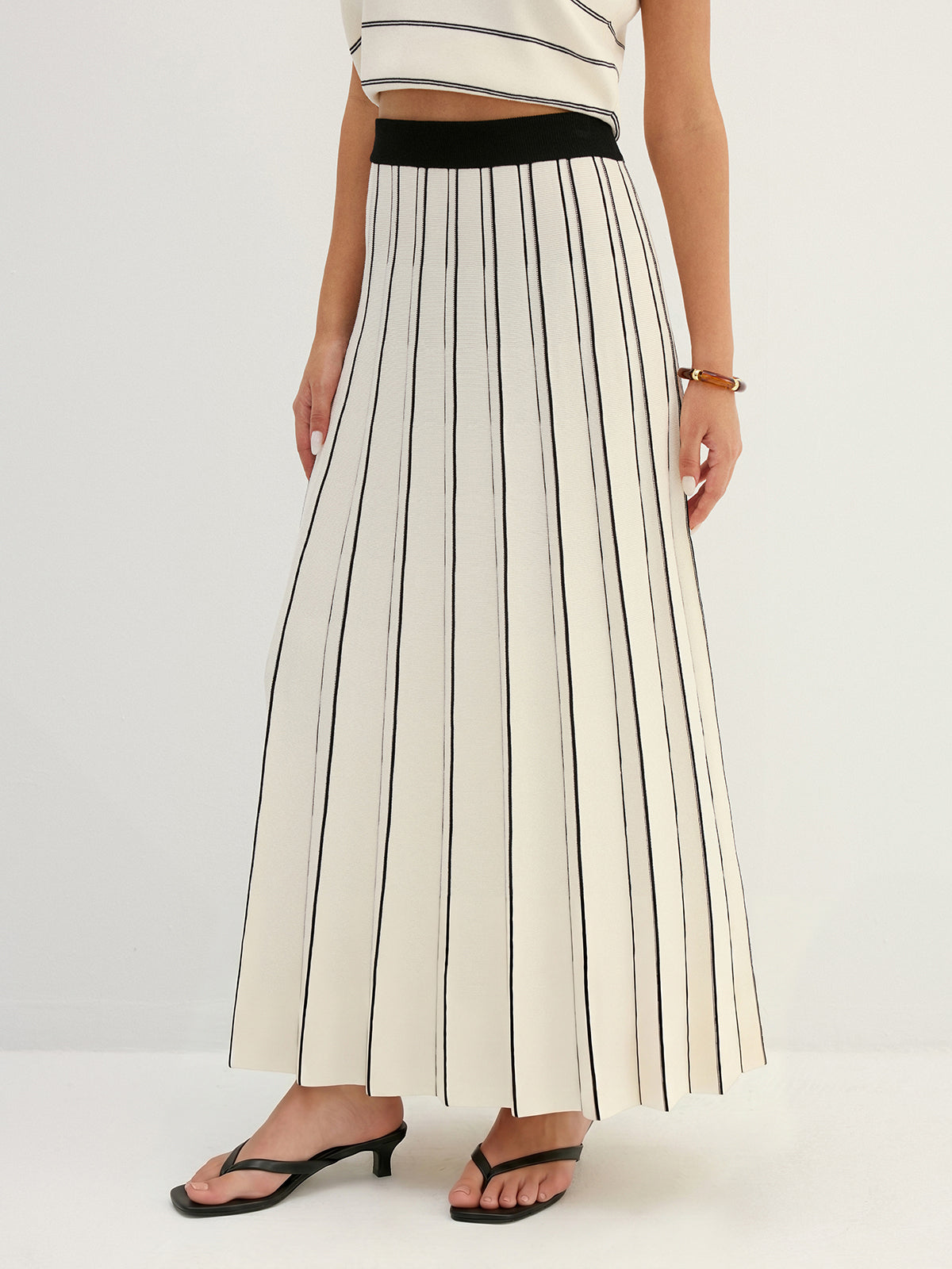 Striped Knit Pleated Maxi Skirt