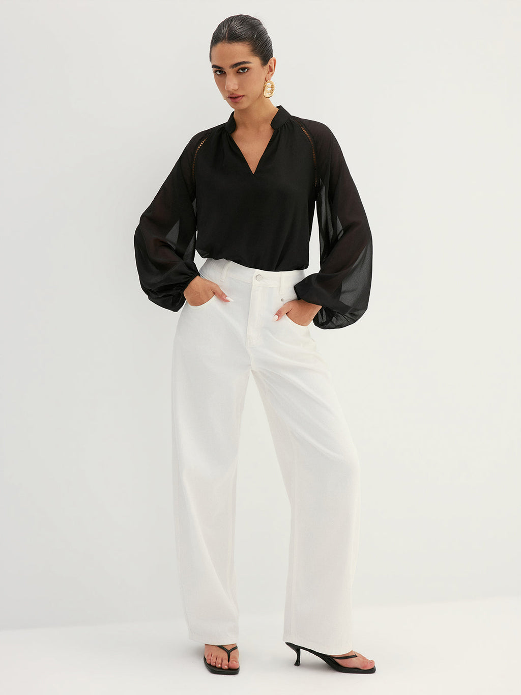Hollow Out Sheer Sleeve Blouse