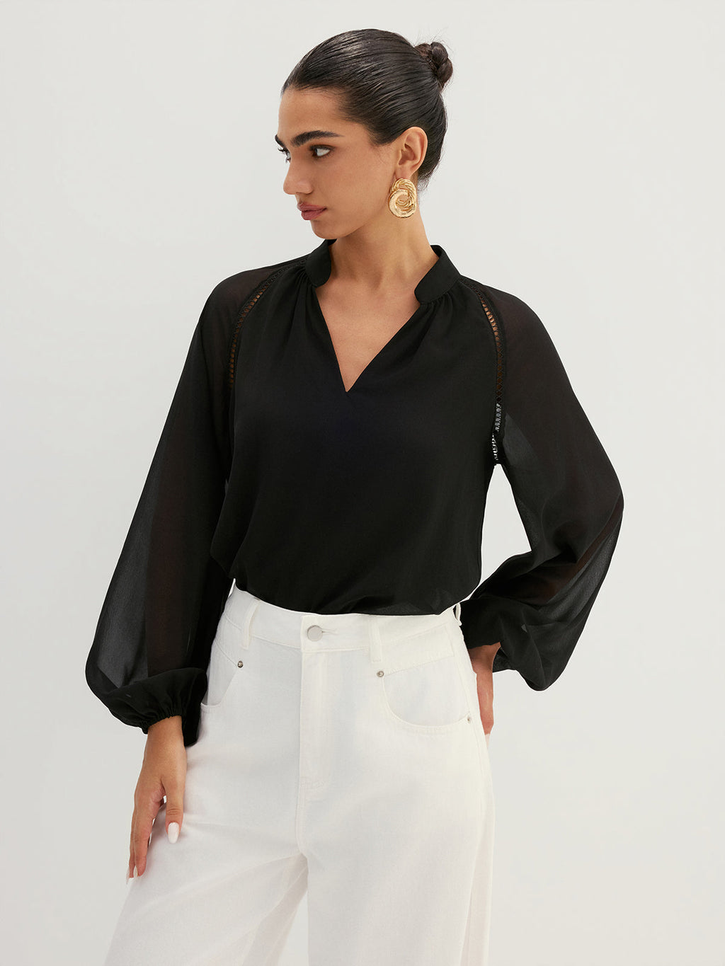 Hollow Out Sheer Sleeve Blouse