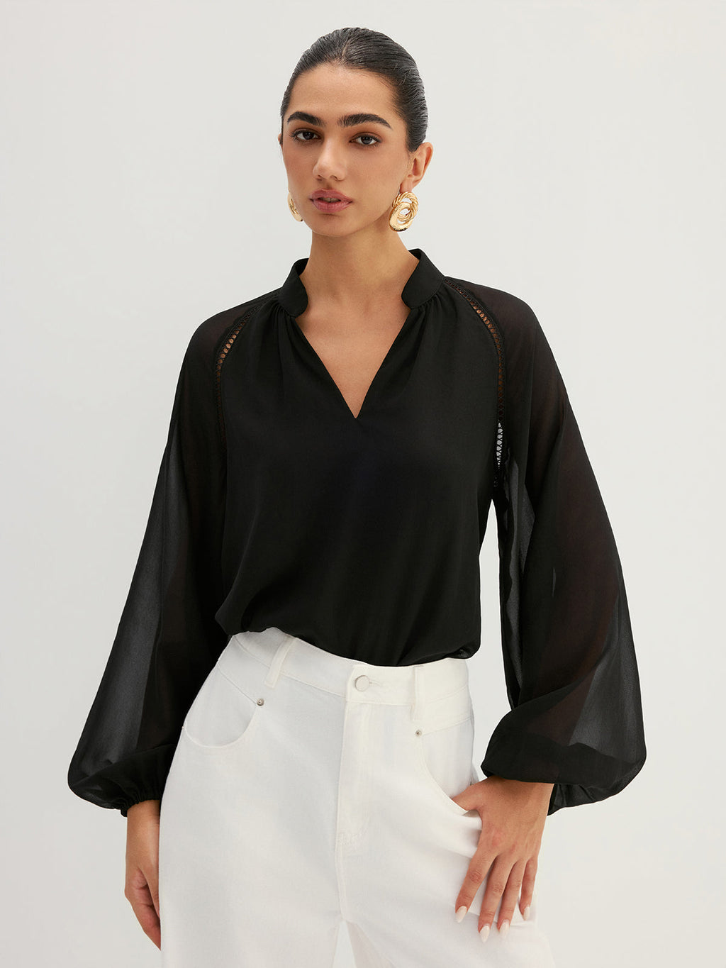Hollow Out Sheer Sleeve Blouse