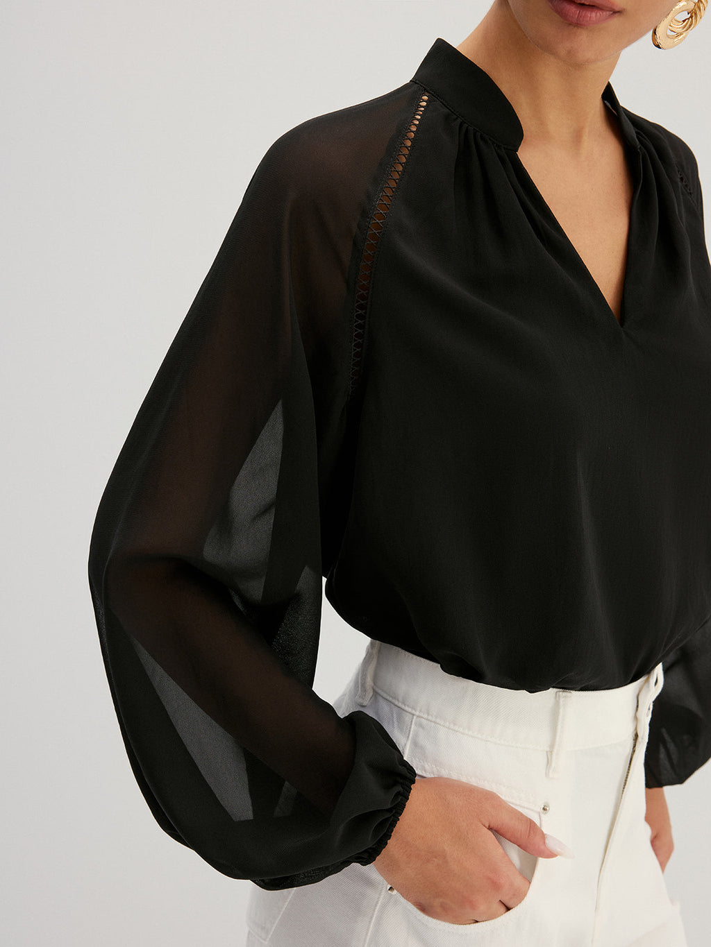 Hollow Out Sheer Sleeve Blouse