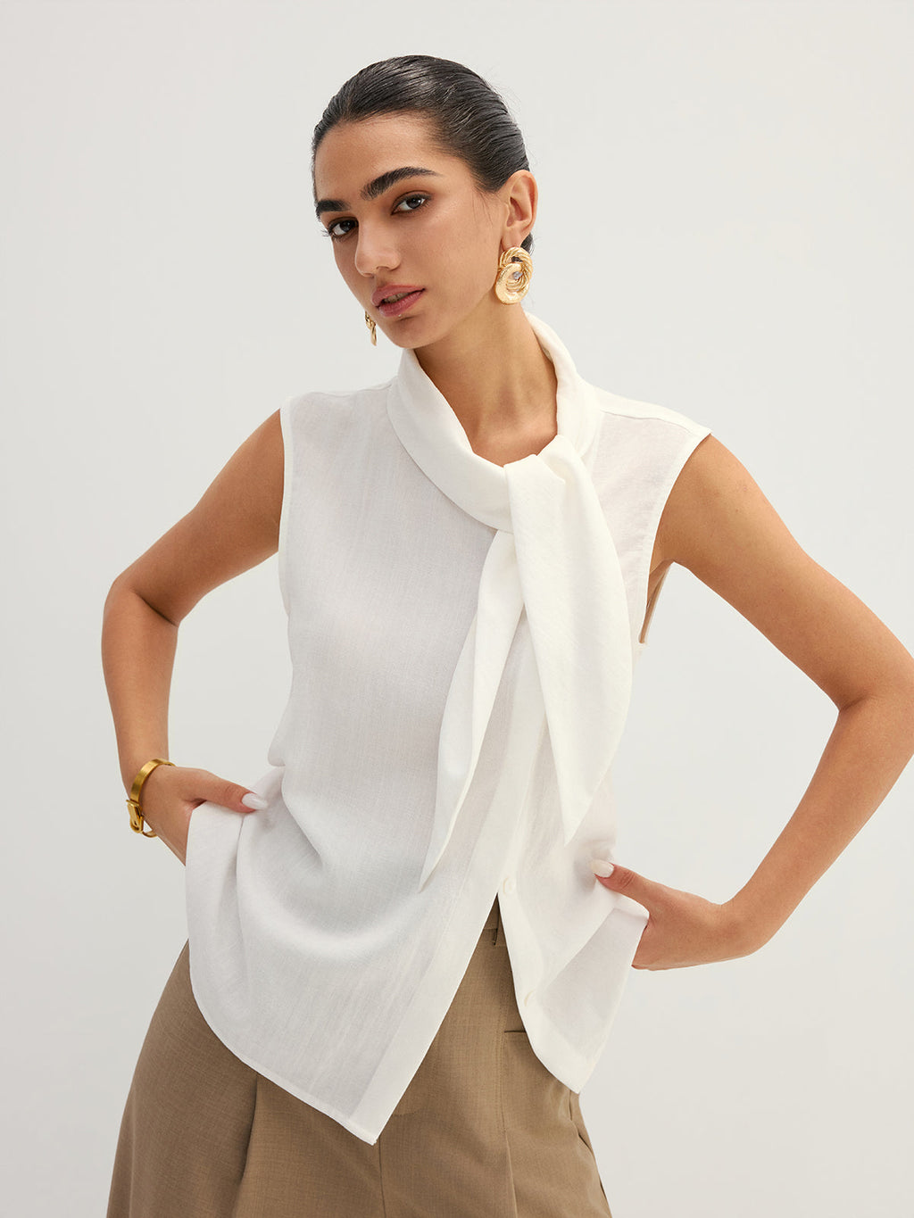 Tie Neck Sleeveless Tencel Blouse