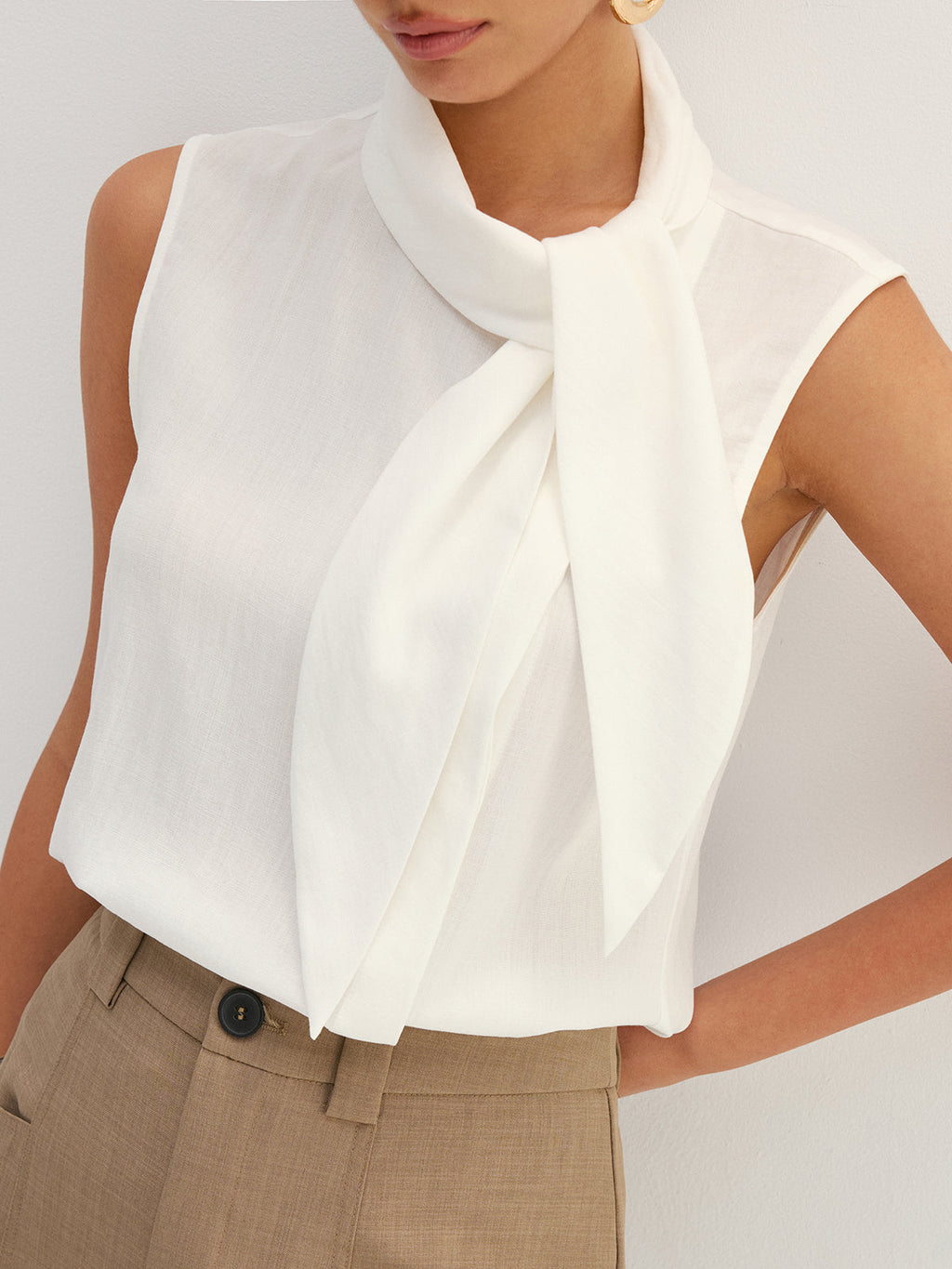 Tie Neck Sleeveless Tencel Blouse