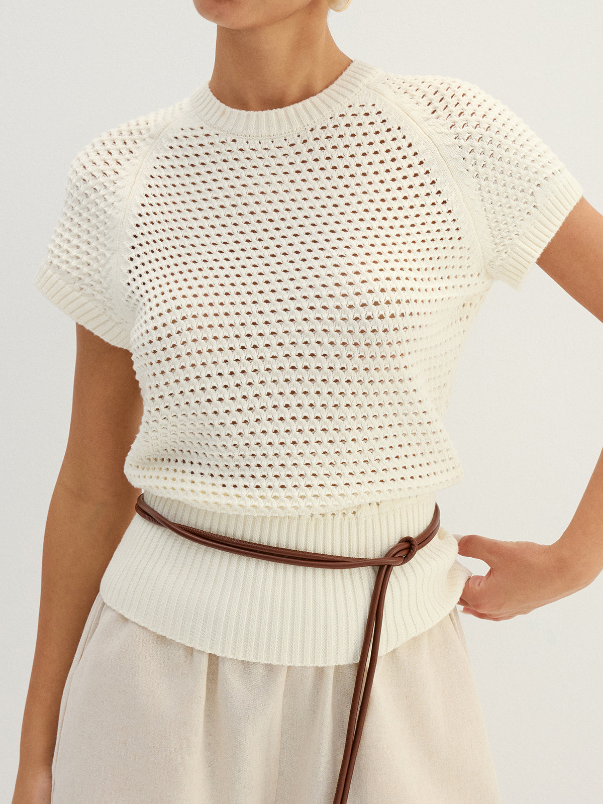Belted Hollow Out Knit Top