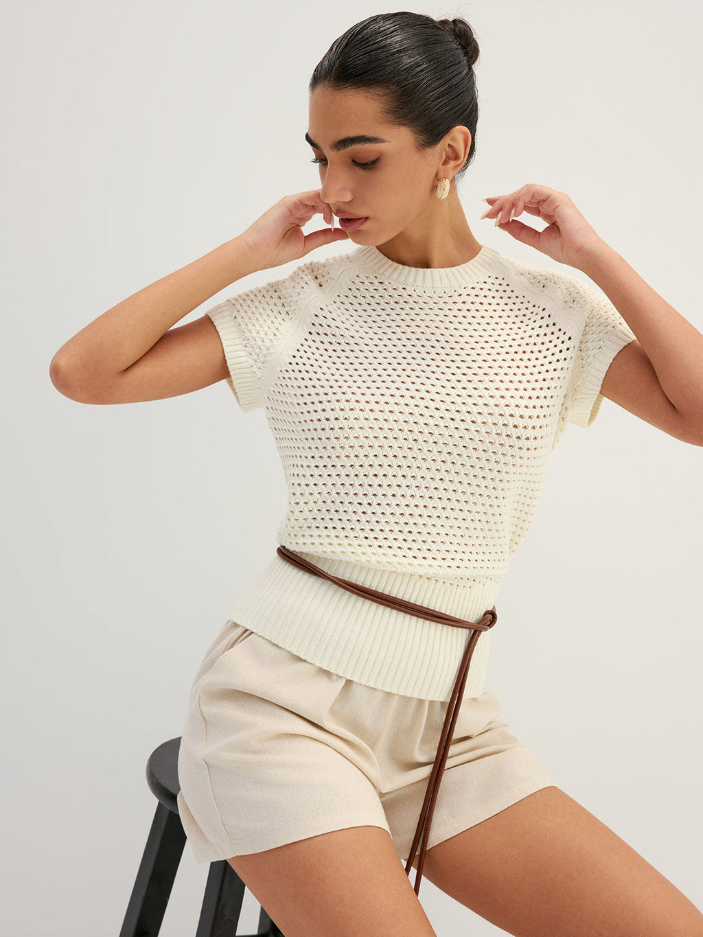Belted Hollow Out Knit Top
