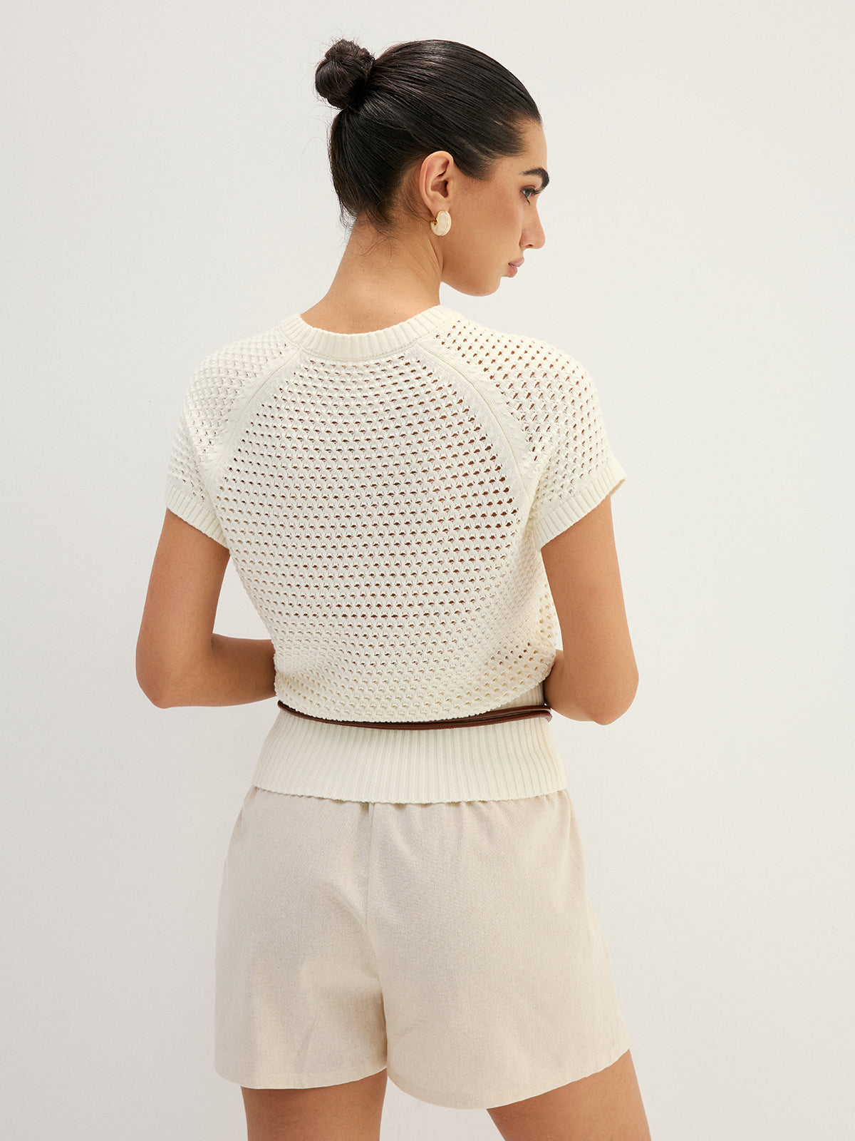 Belted Hollow Out Knit Top