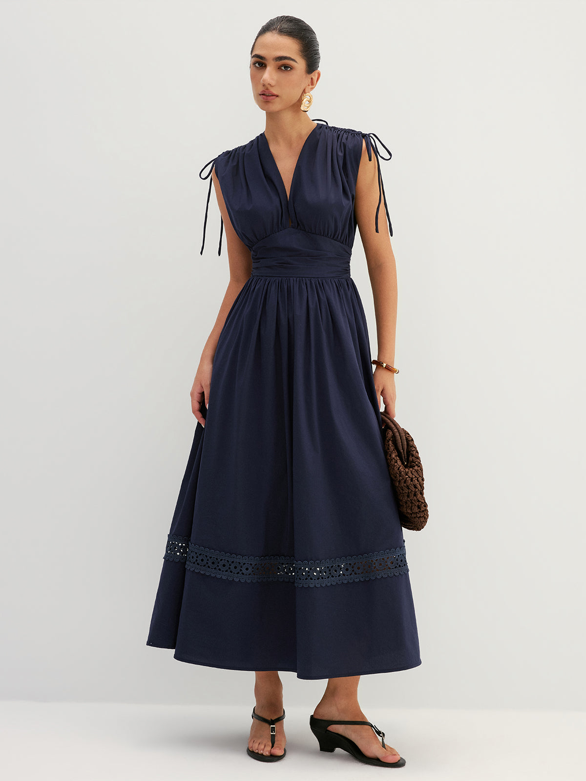 Drawstring Shoulder Lace Panel Midi Dress