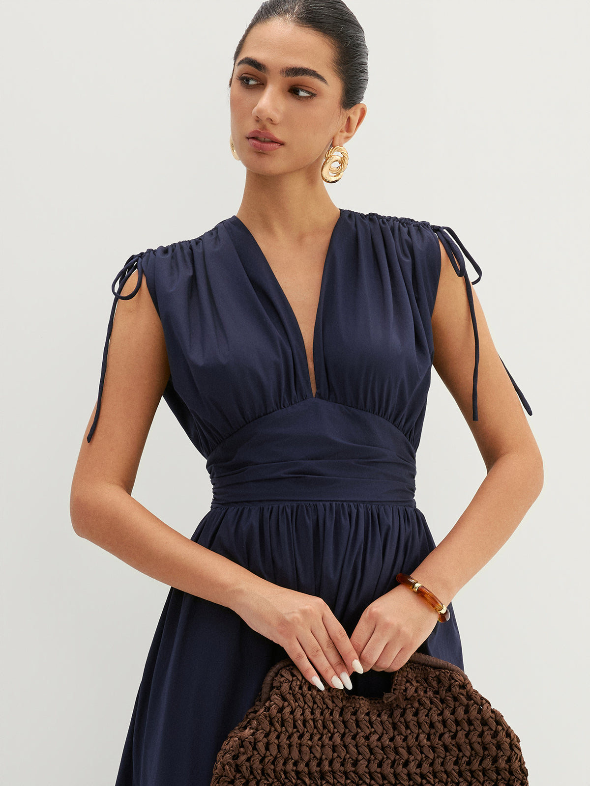 Drawstring Shoulder Lace Panel Midi Dress