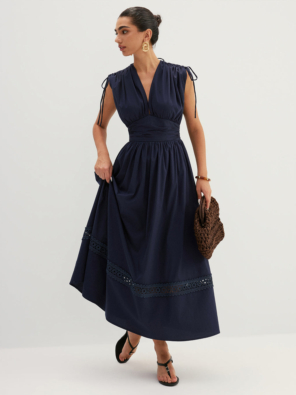 Drawstring Shoulder Lace Panel Midi Dress