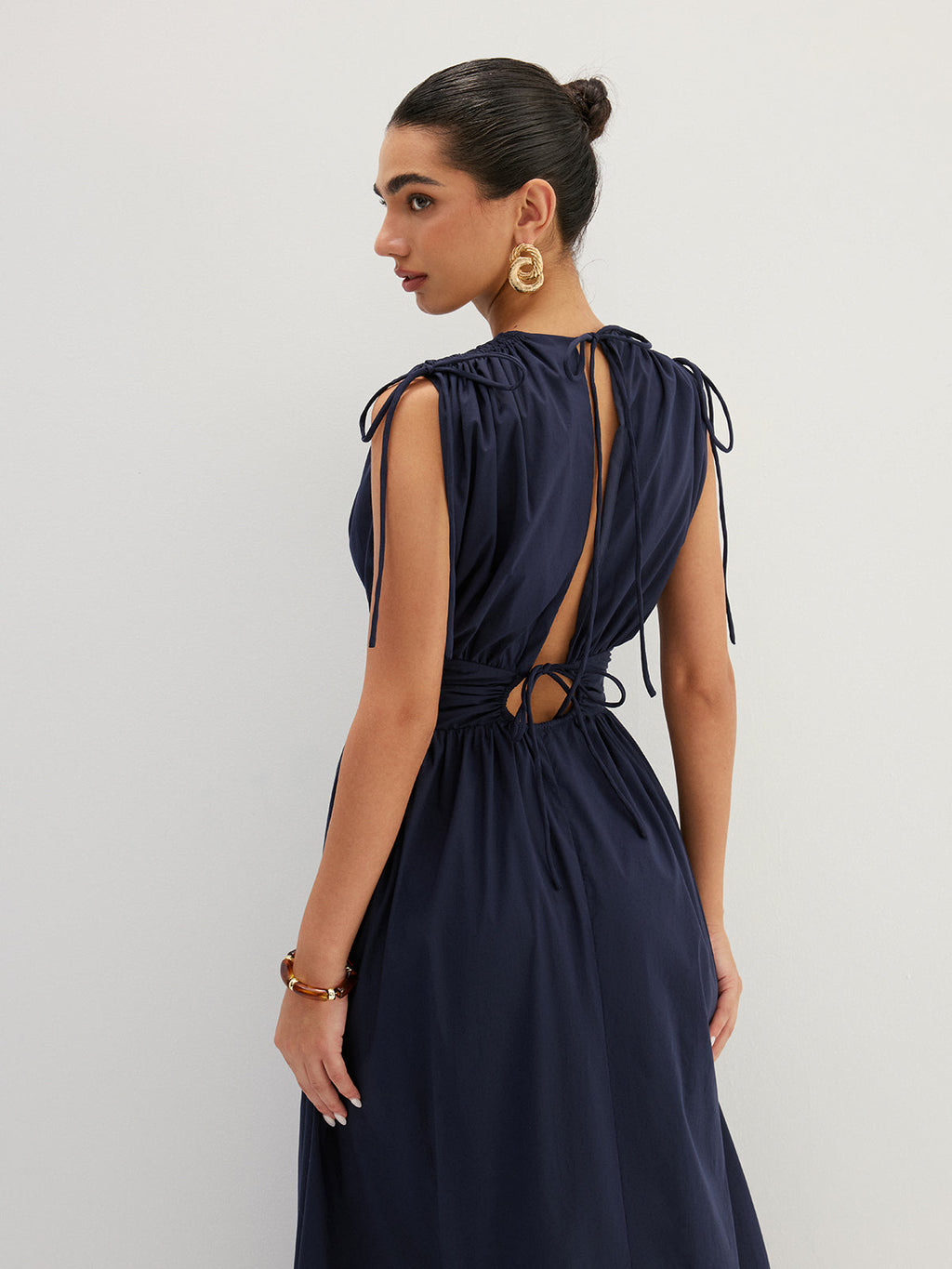 Drawstring Shoulder Lace Panel Midi Dress