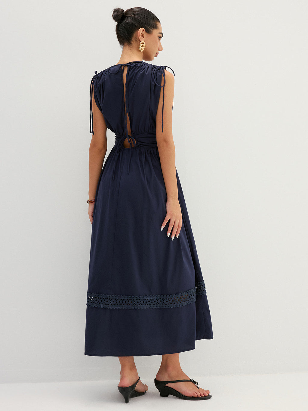 Drawstring Shoulder Lace Panel Midi Dress