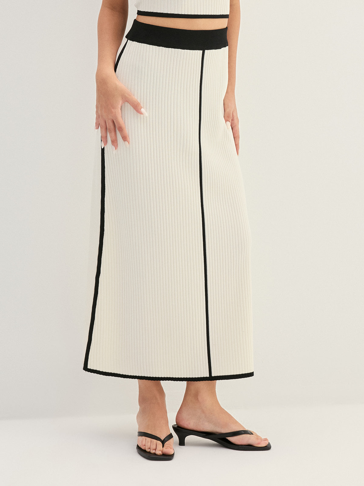Contrast Trim Rib Knit Two Piece Skirt Set
