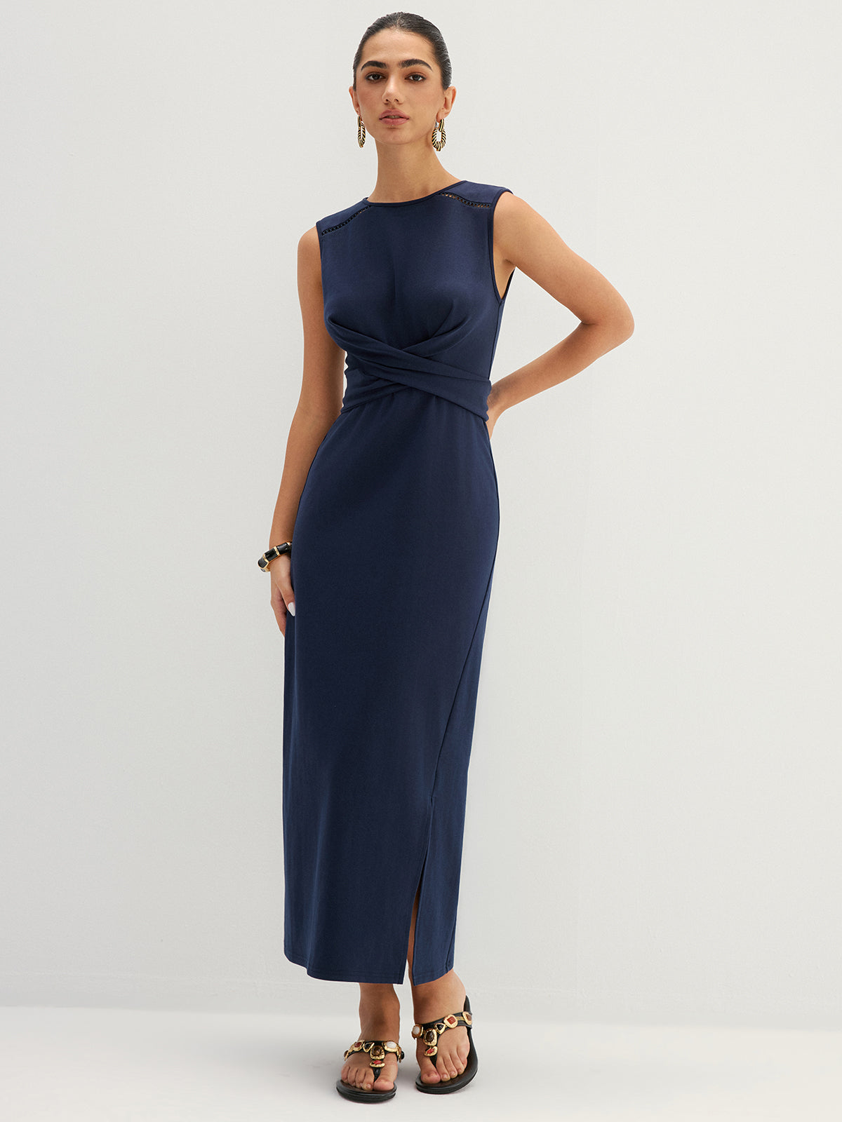 Hollow Out Sleeveless Tie Waist Midi Dress