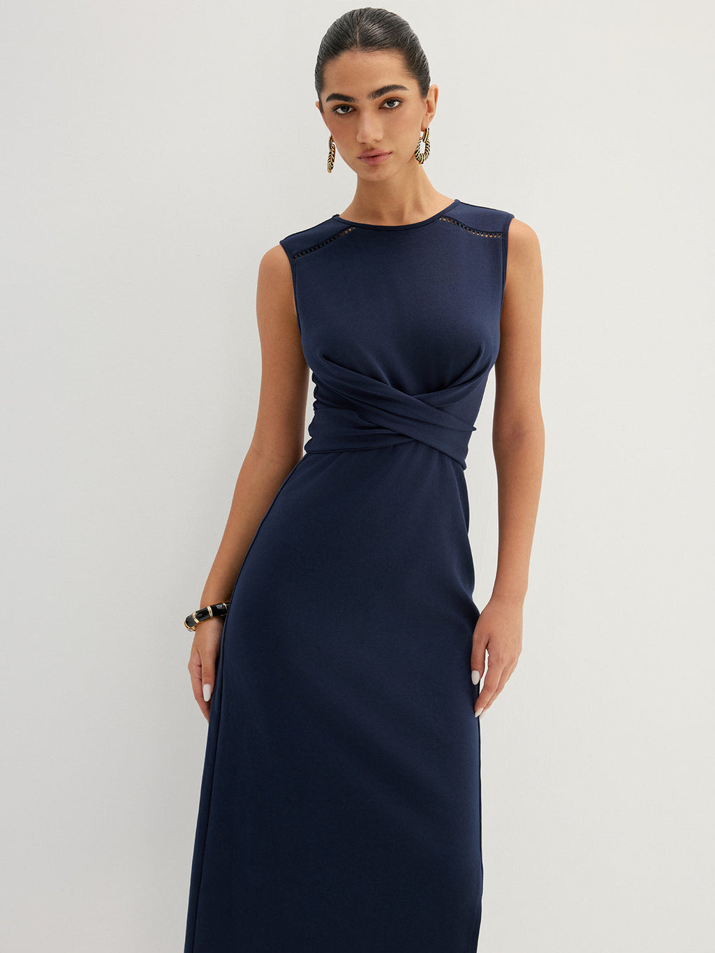 Hollow Out Sleeveless Tie Waist Midi Dress