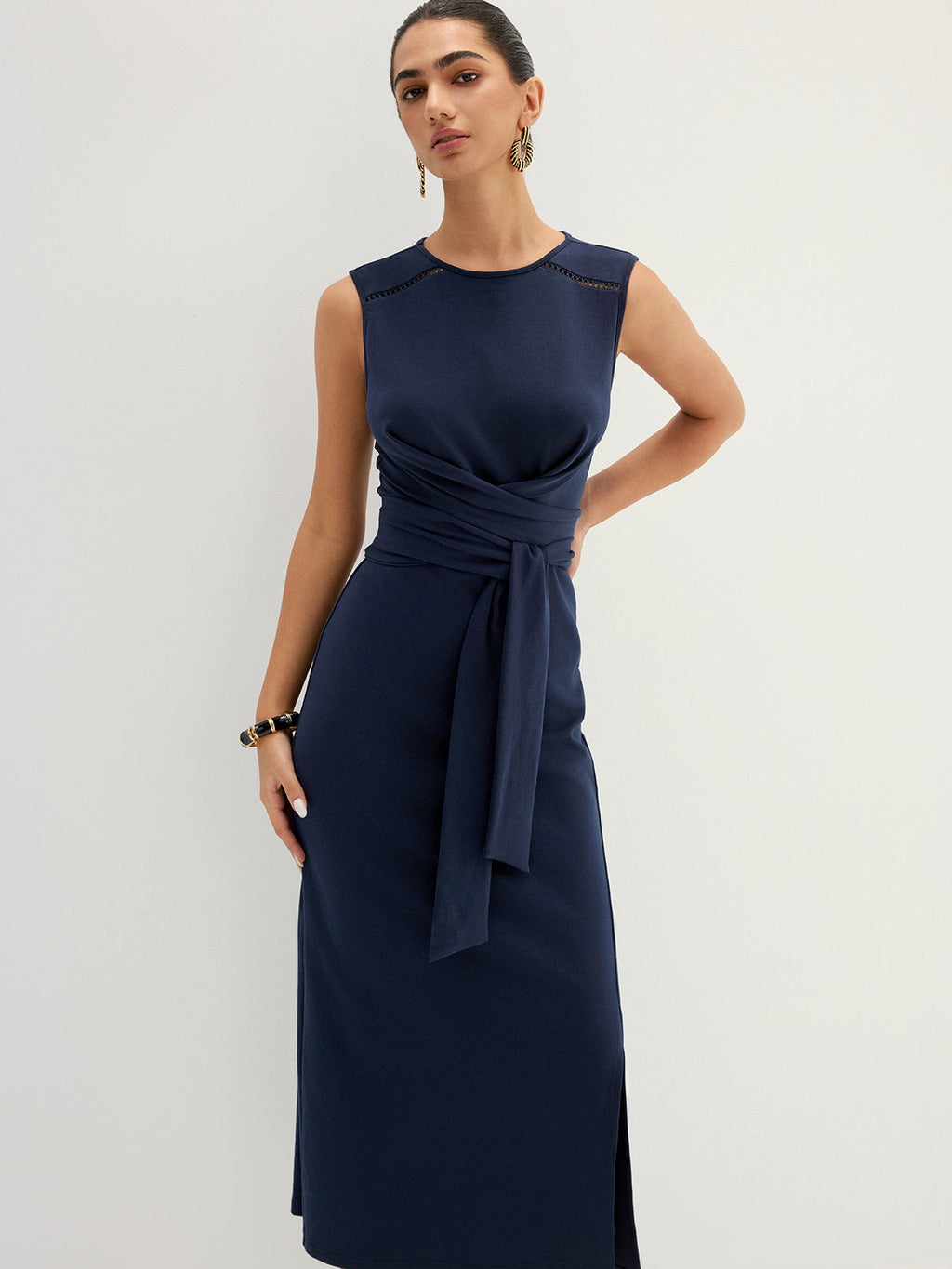 Hollow Out Sleeveless Tie Waist Midi Dress