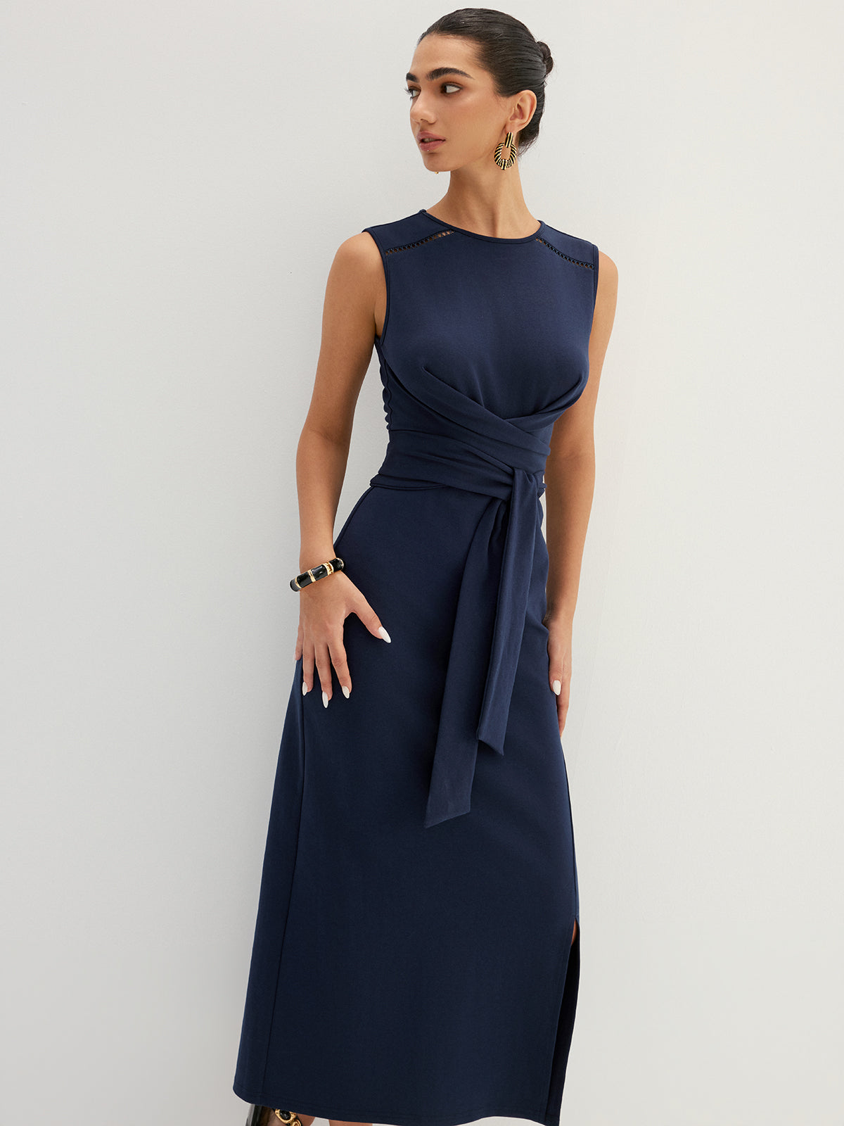 Hollow Out Sleeveless Tie Waist Midi Dress