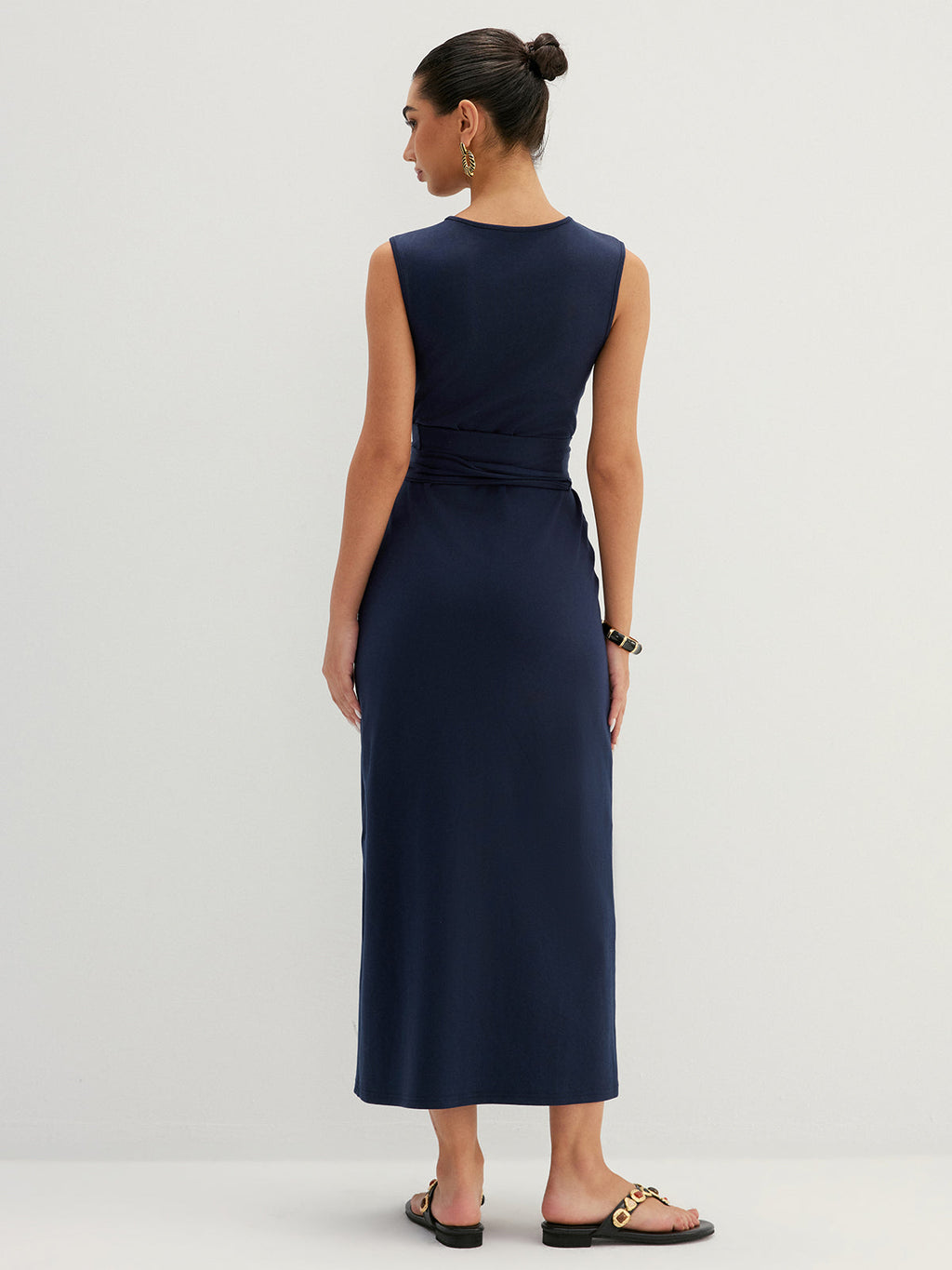 Hollow Out Sleeveless Tie Waist Midi Dress