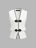 Frog Button Wave Trim Sleeveless Knit Vest
