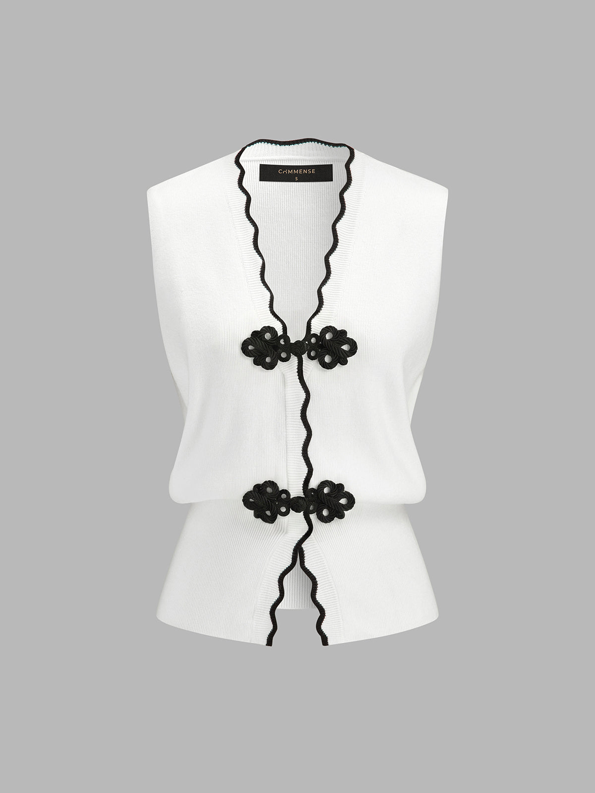 Frog Button Wave Trim Sleeveless Knit Vest