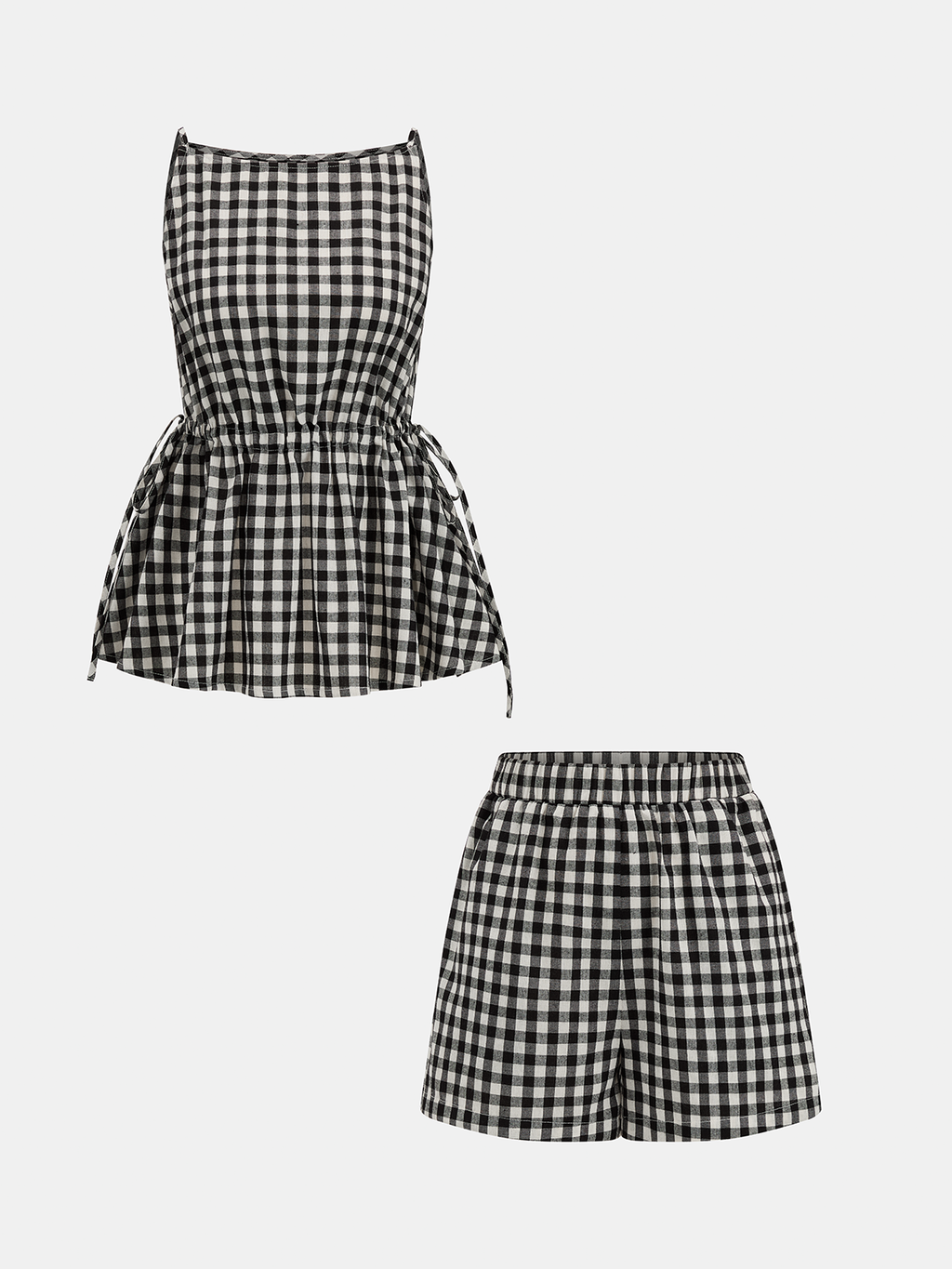 Gingham Drawstring Peplum Top & Shorts Set