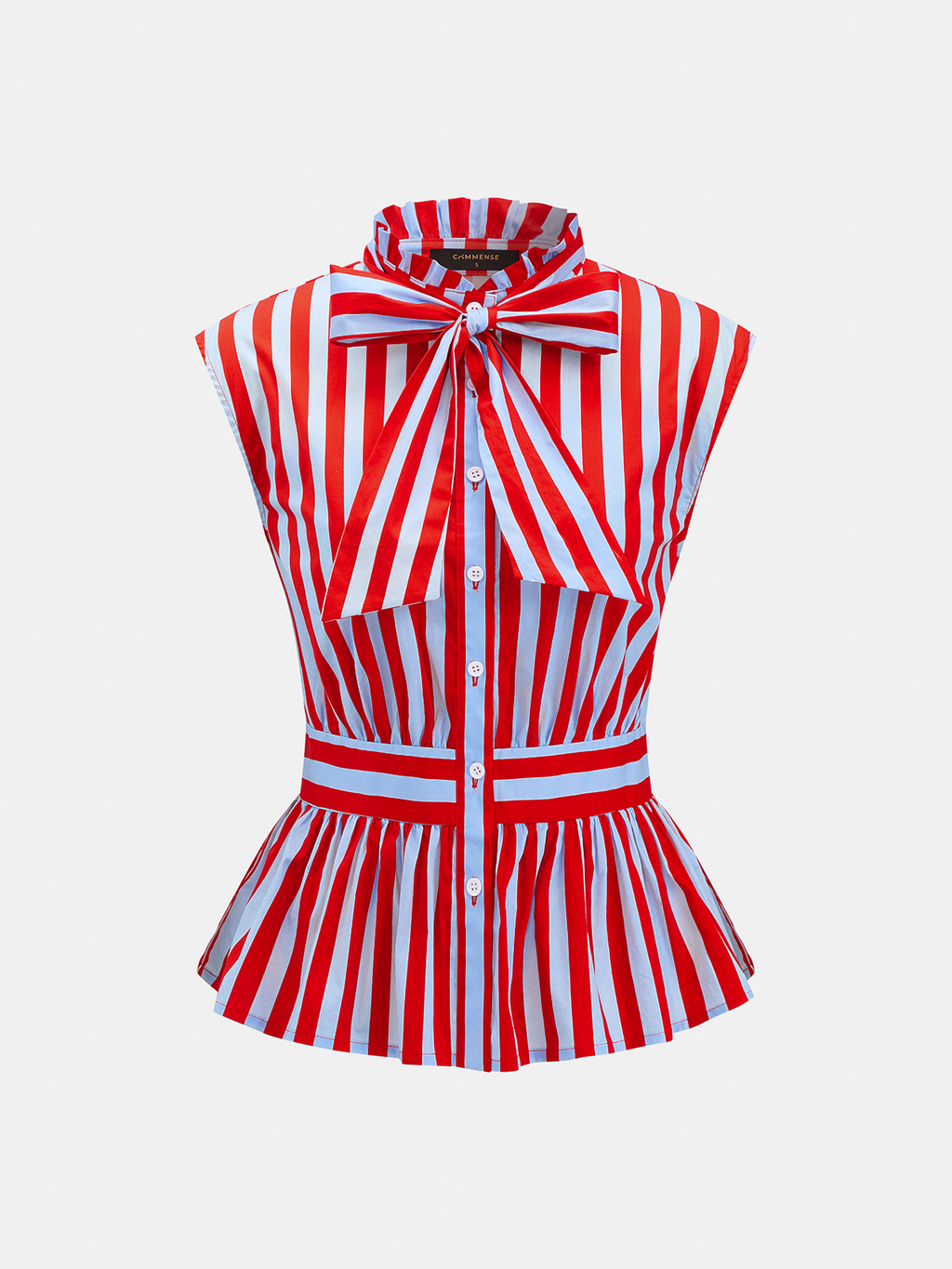 Striped Bow Tie Sleeveless Peplum Blouse