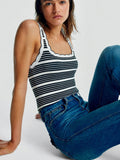 Wavy Trim Striped Ribbed Knit Tank Top