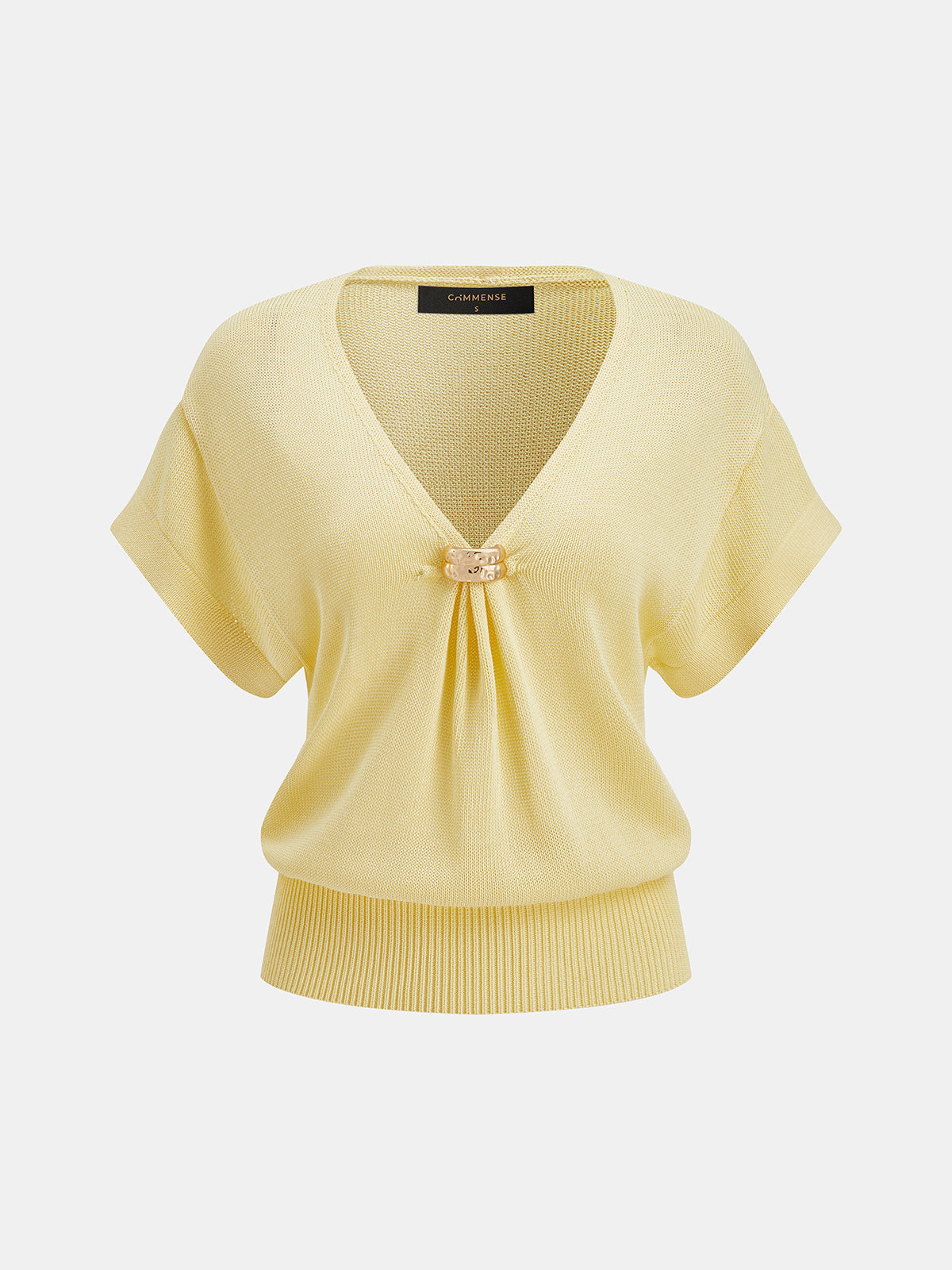 Short Sleeve V Neck Metal Detail Knit Top