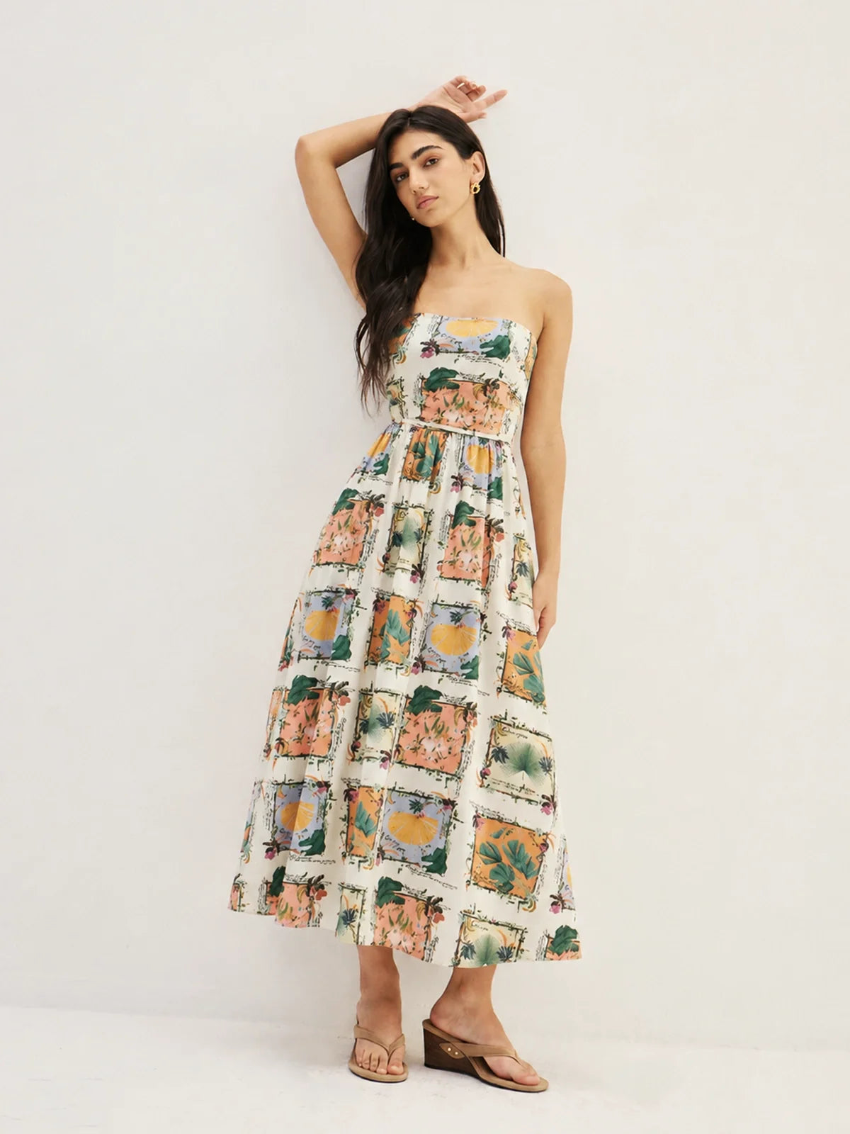Detachable Strap Tropical Print Midi Dress