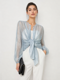Semi-Sheer Through Long Sleeve Button Blouse