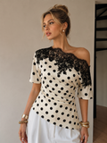 Lace Trim Polka Dot One-Shoulder Top