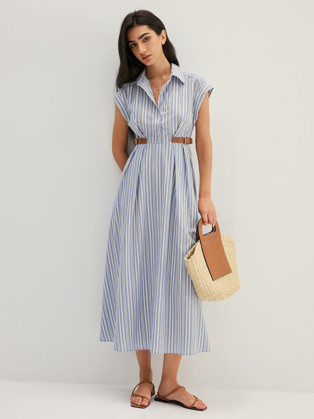 Striped Buckle Detail Cotton Shirt Dress