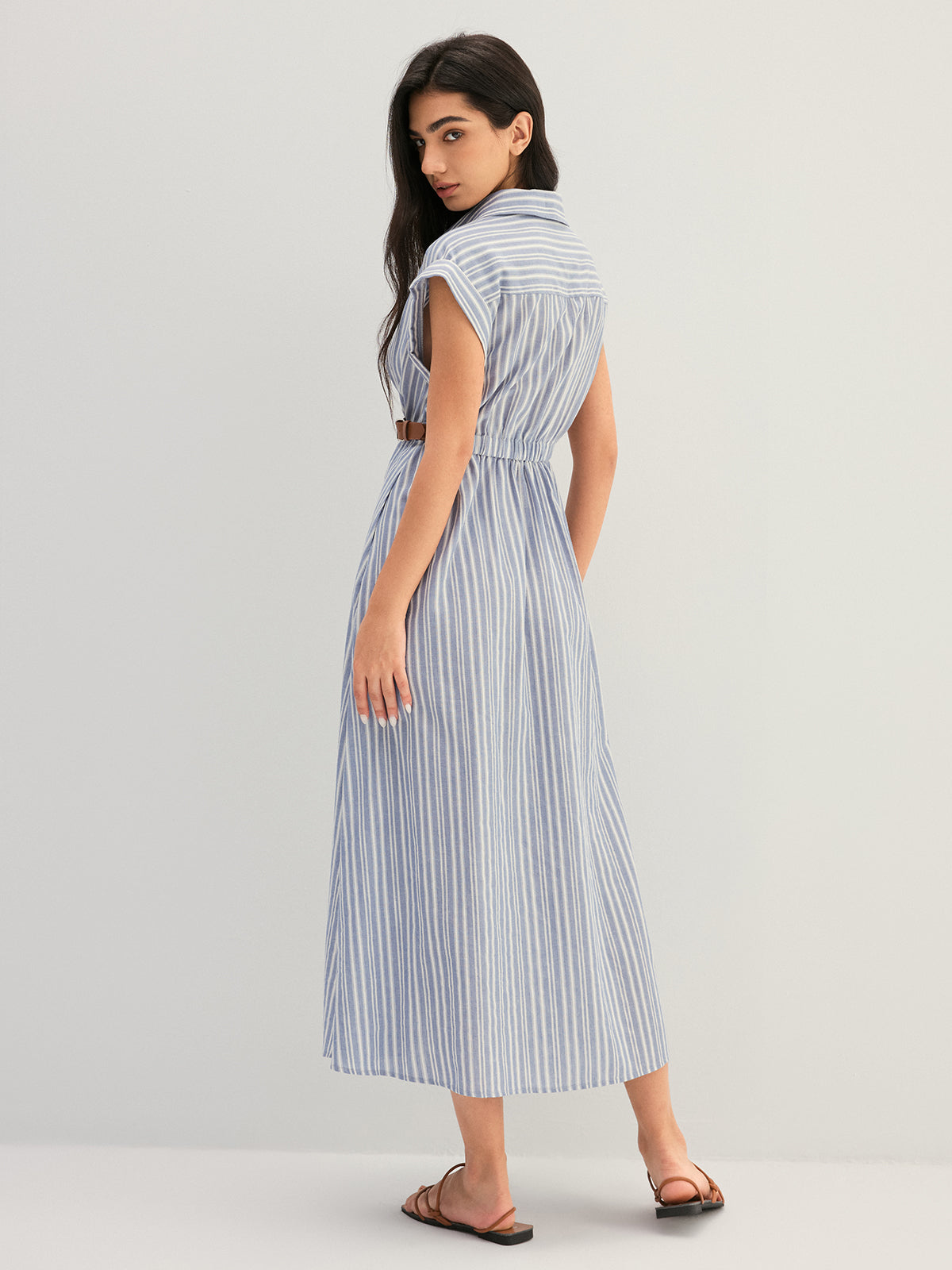 Striped Buckle Detail Cotton Shirt Dress