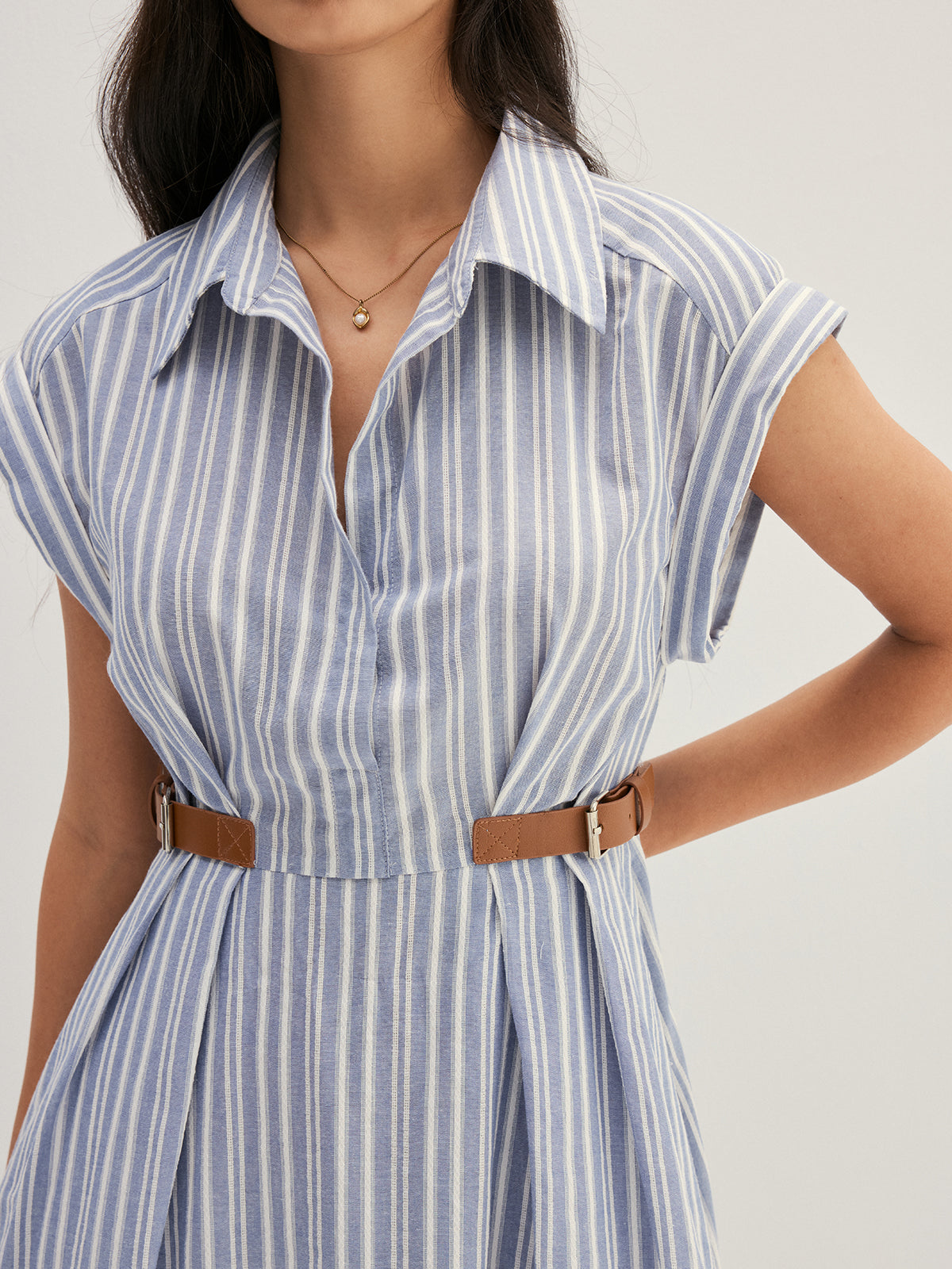Striped Buckle Detail Cotton Shirt Dress