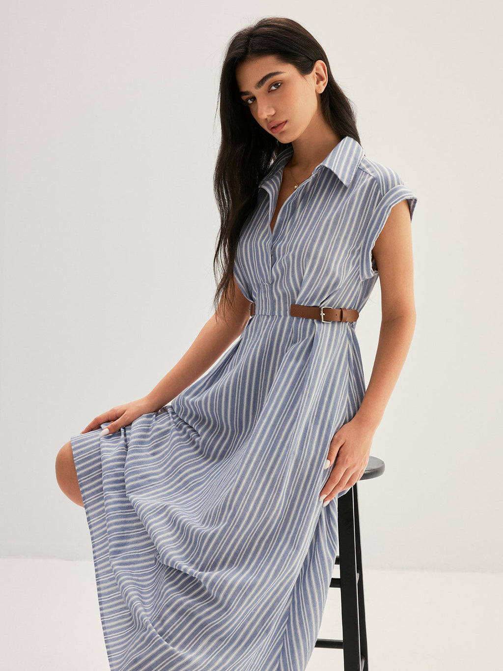 Striped Buckle Detail Cotton Shirt Dress