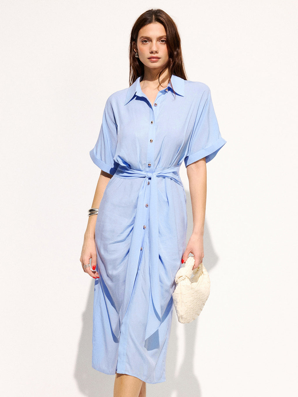 Tie-Waist Short Sleeve Maxi Shirt Dress
