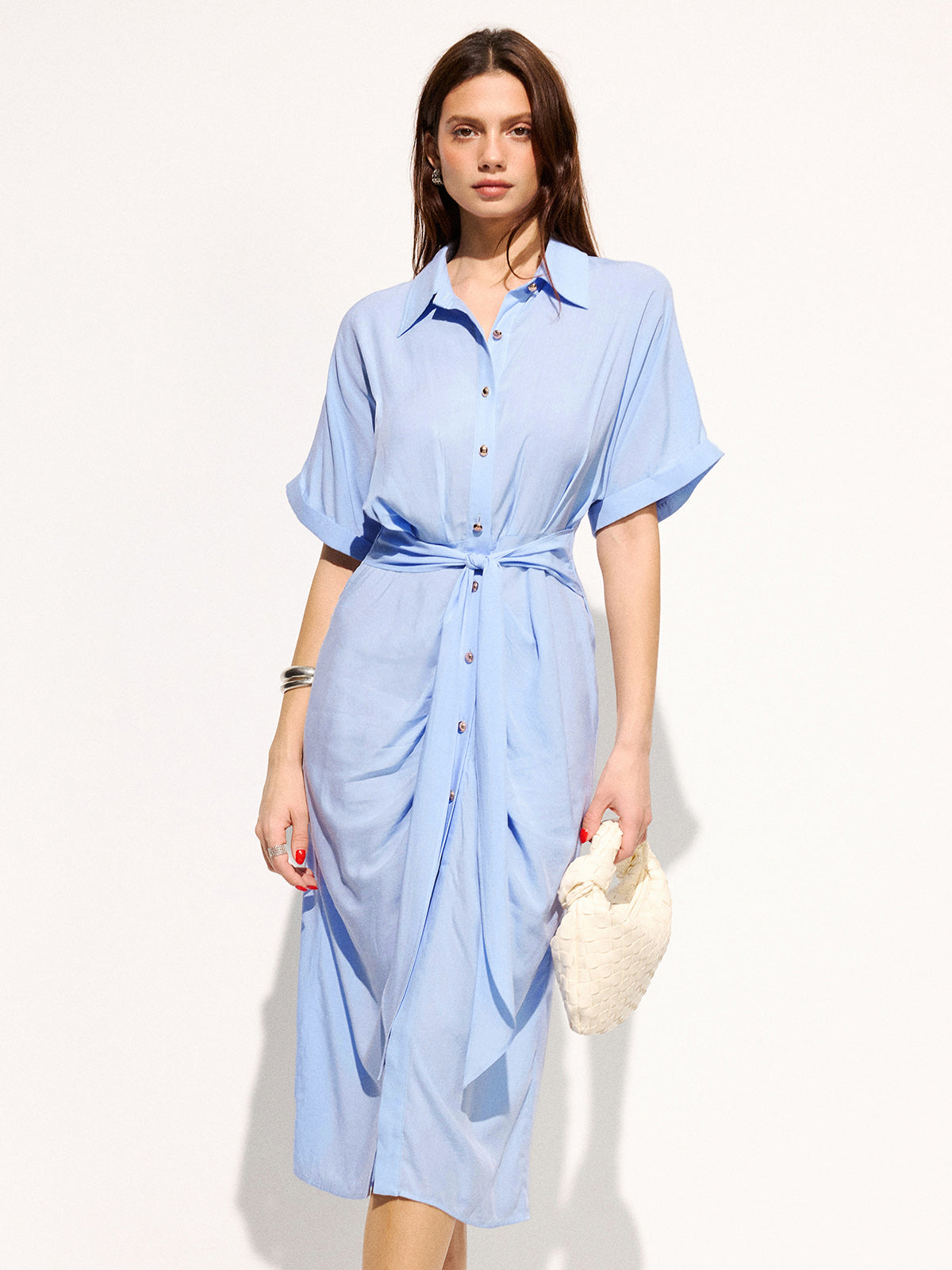 Tie-Waist Short Sleeve Maxi Shirt Dress
