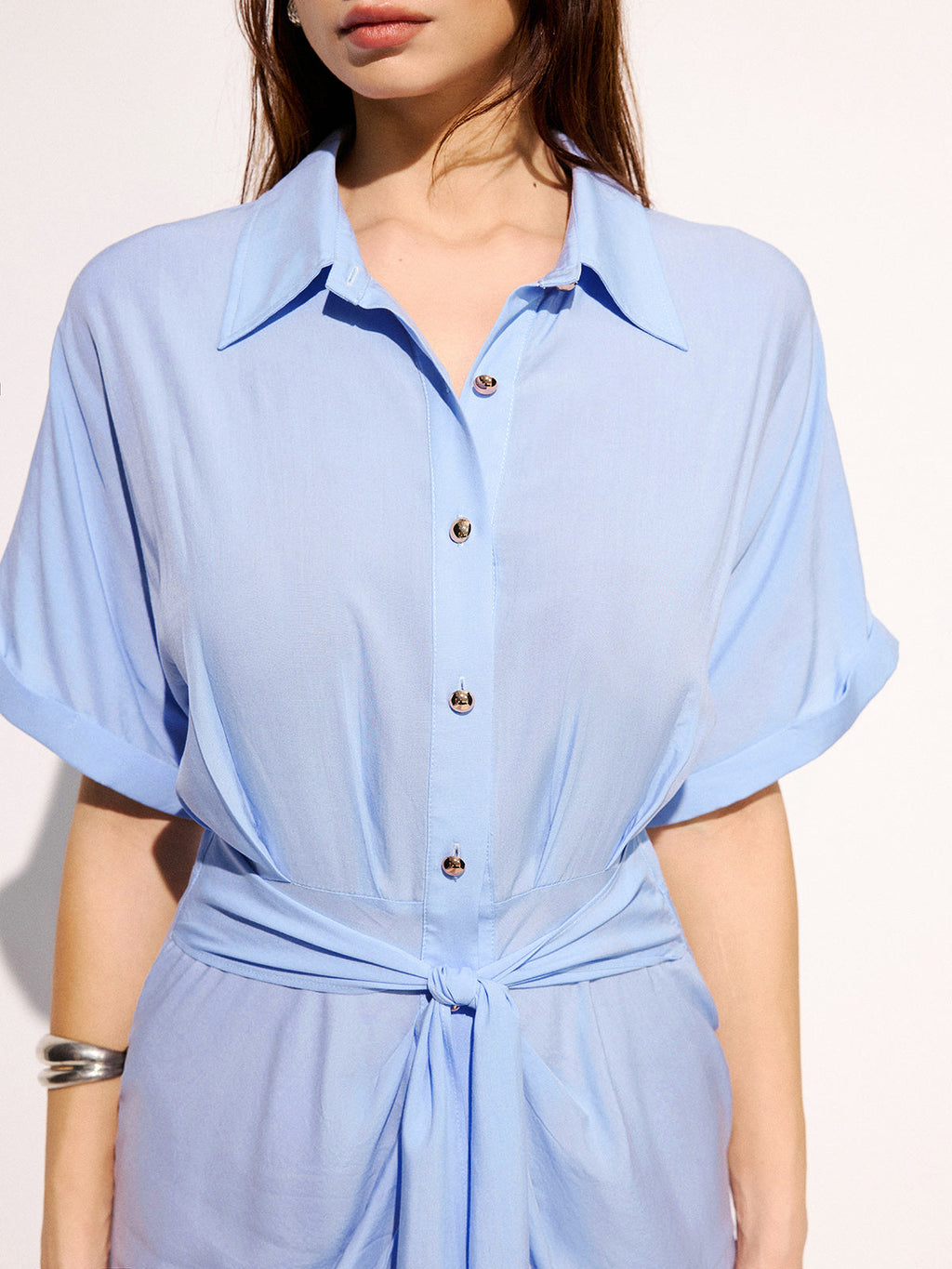 Tie-Waist Short Sleeve Maxi Shirt Dress