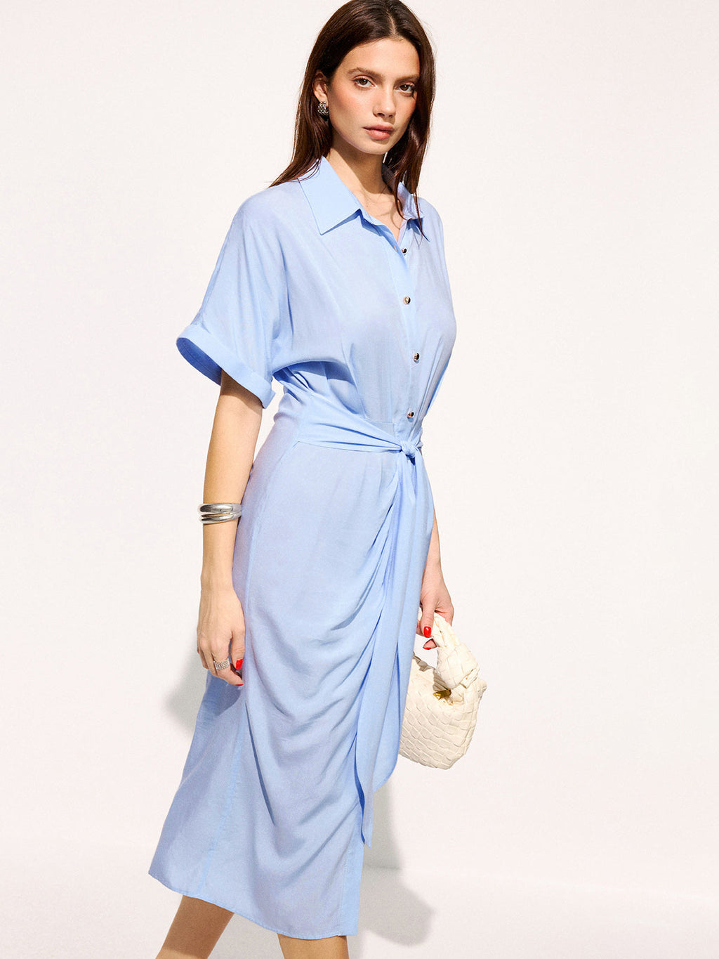 Tie-Waist Short Sleeve Maxi Shirt Dress