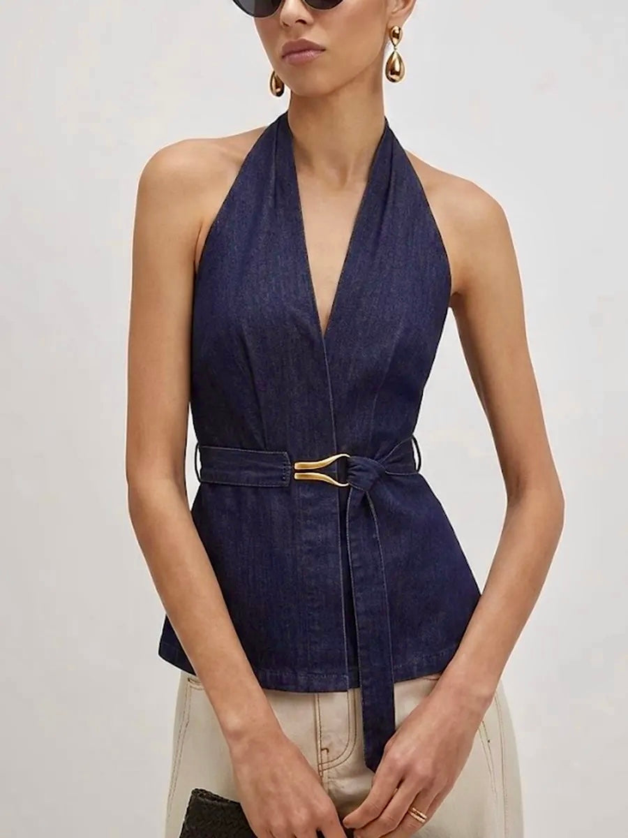 Halter Neck Belted Denim Blouse