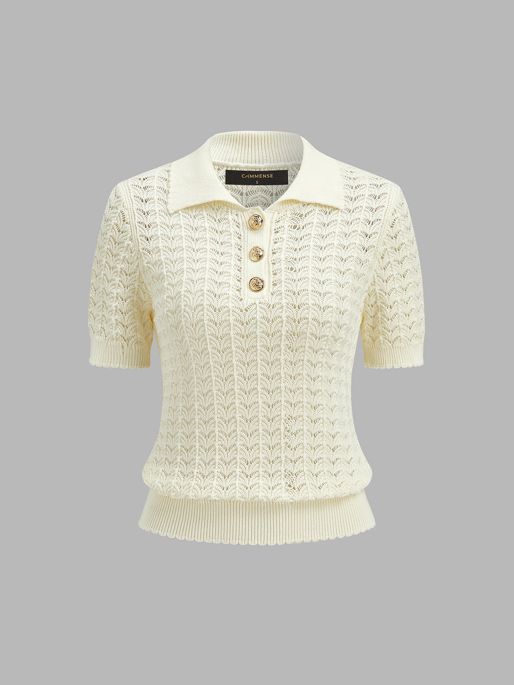 Openwork Short Sleeve Collared Knitted Top
