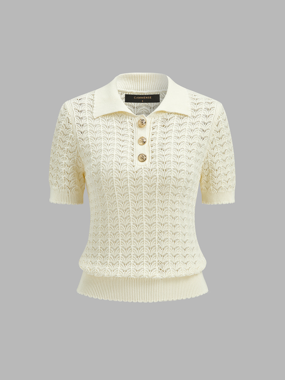 Openwork Short Sleeve Collared Knitted Top