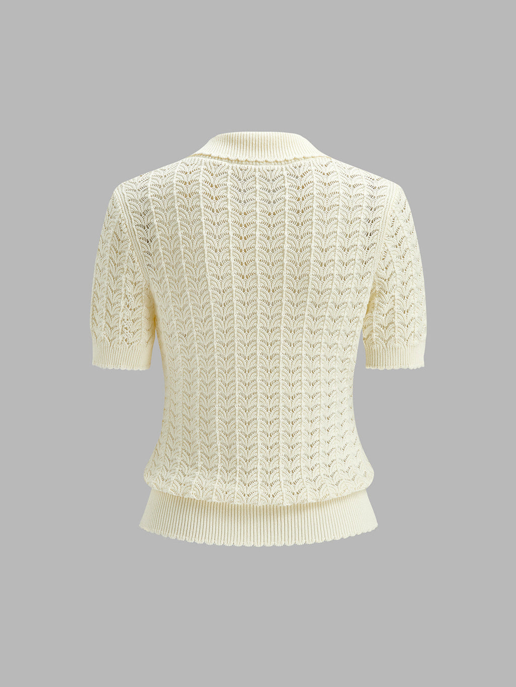 Openwork Short Sleeve Collared Knitted Top