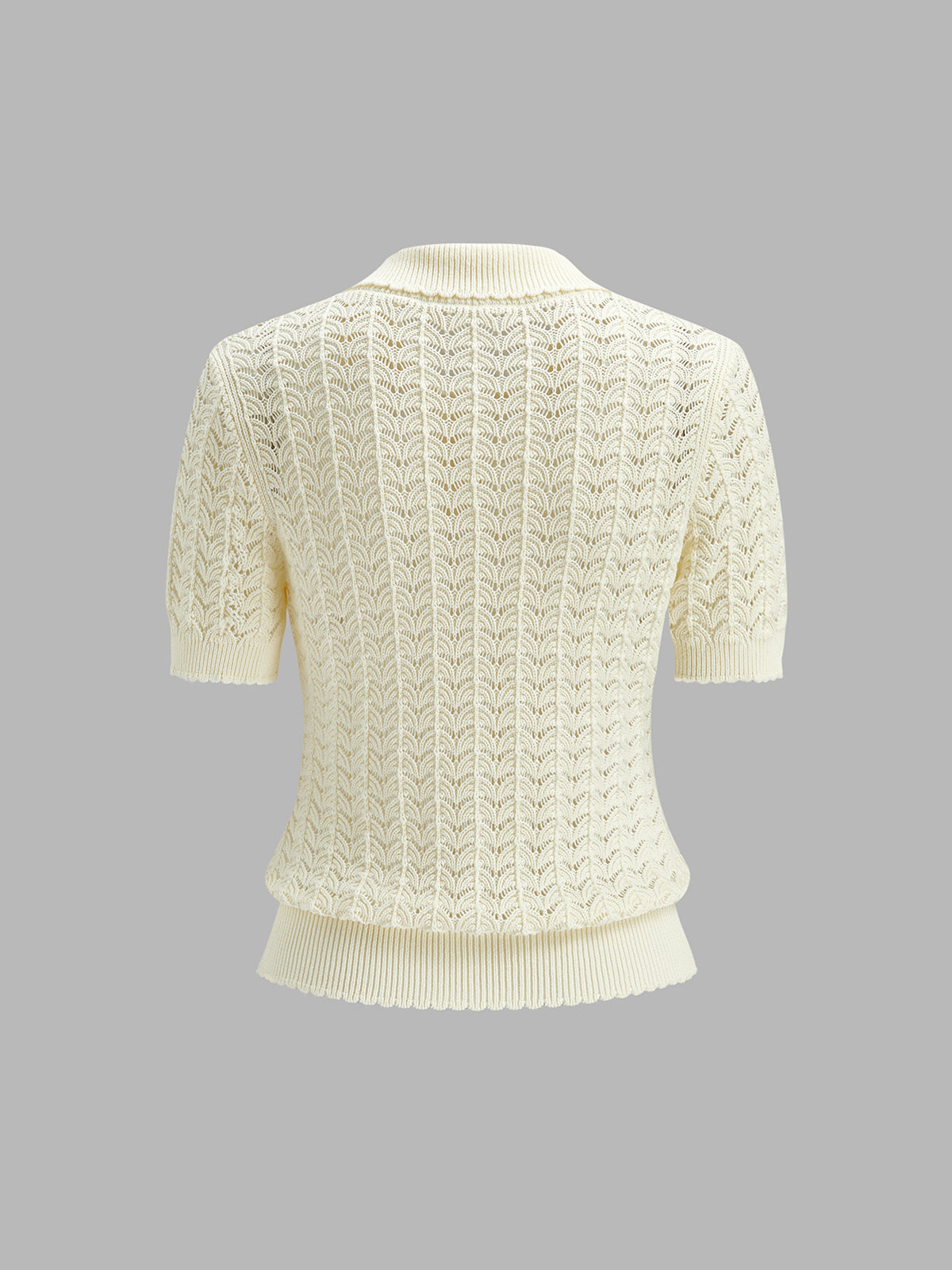 Openwork Short Sleeve Collared Knitted Top