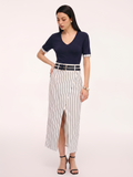 Double Belt Pinstripe Slit Midi Skirt